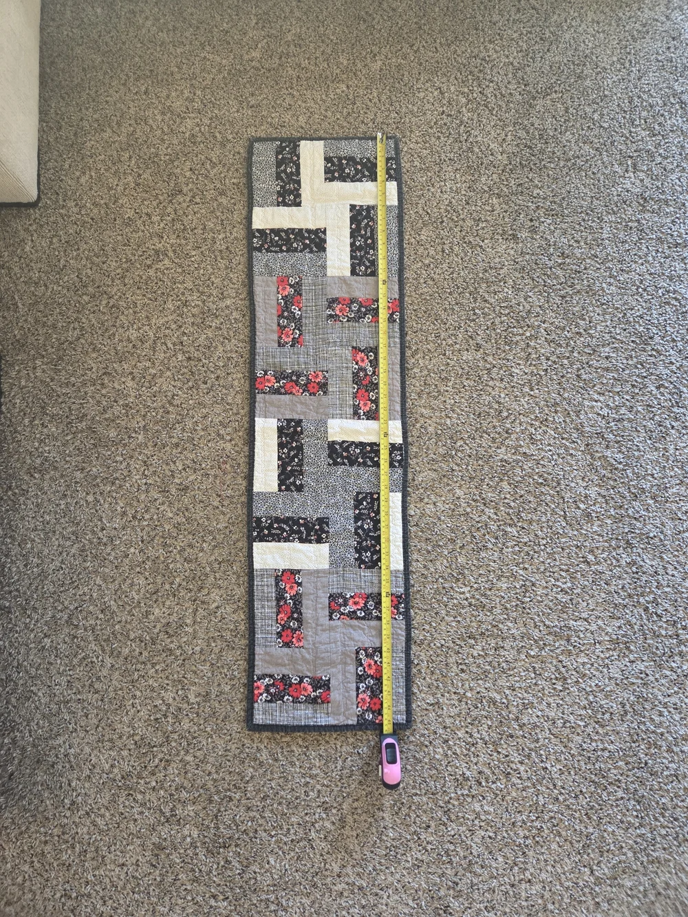 Handmade Floral Patchwork Quilt Runner - Gray with Red Flowers